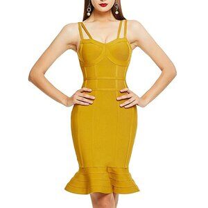 Women’s Mustard Yellow Bandage Dress – Bodycon Midi with Ruffle Hem, Elegant Fit